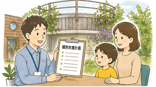 スタッフがご家族に個別支援計画を説明する様子