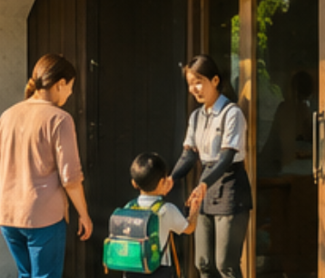 スタッフが保護者にお子さまをお引渡しする様子