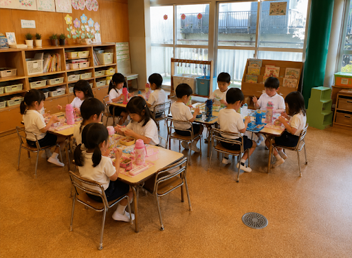 お友だちと一緒に昼食をとる子どもたち
